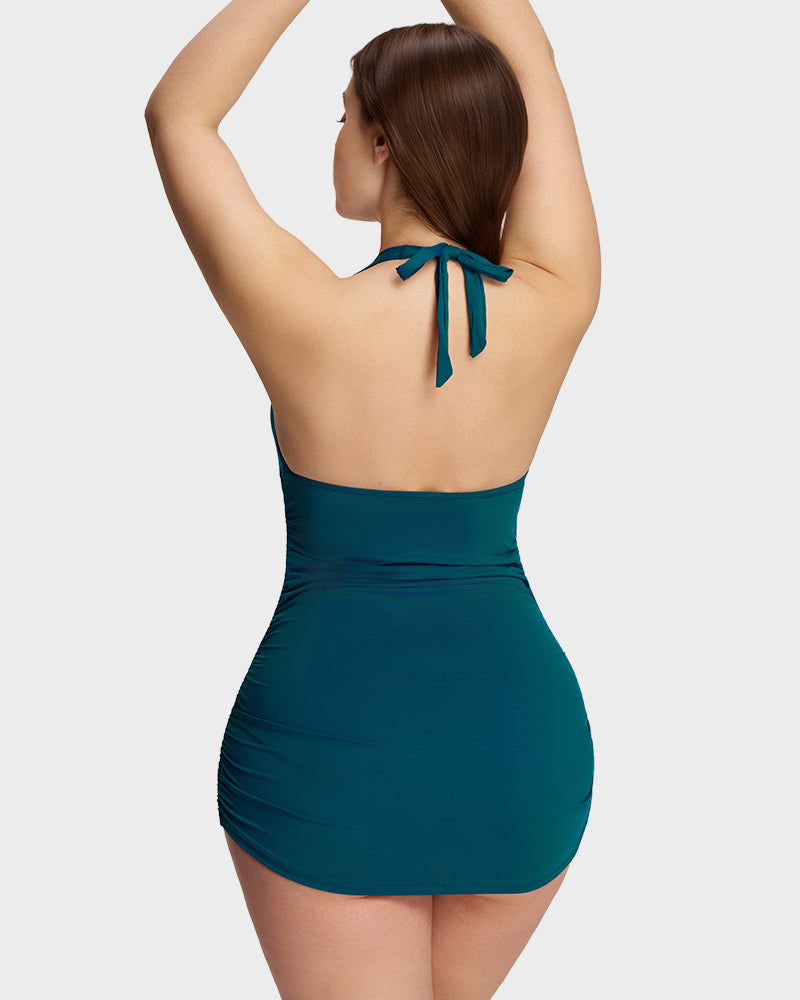 SculptSkin™ BackStage Halter V-Neck Swim Dress