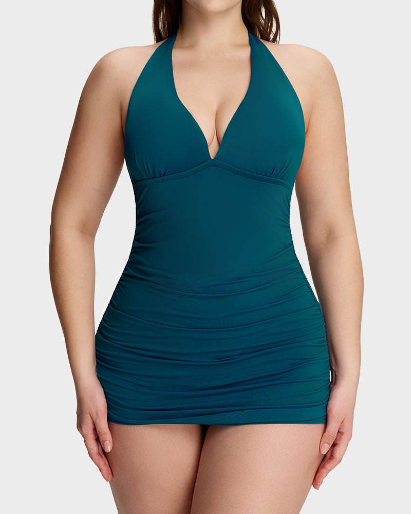 SculptSkin™ BackStage Halter V-Neck Swim Dress