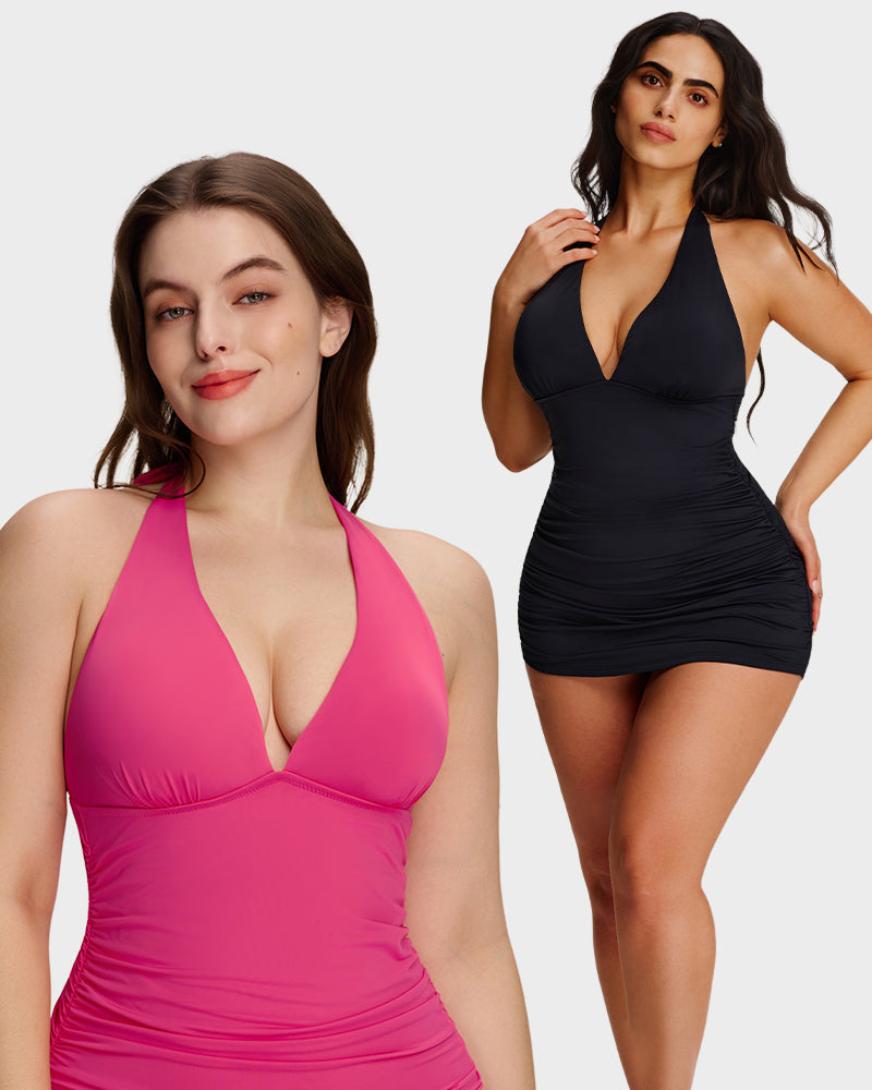 SculptSkin™ BackStage Halter V-Neck Swim Dress